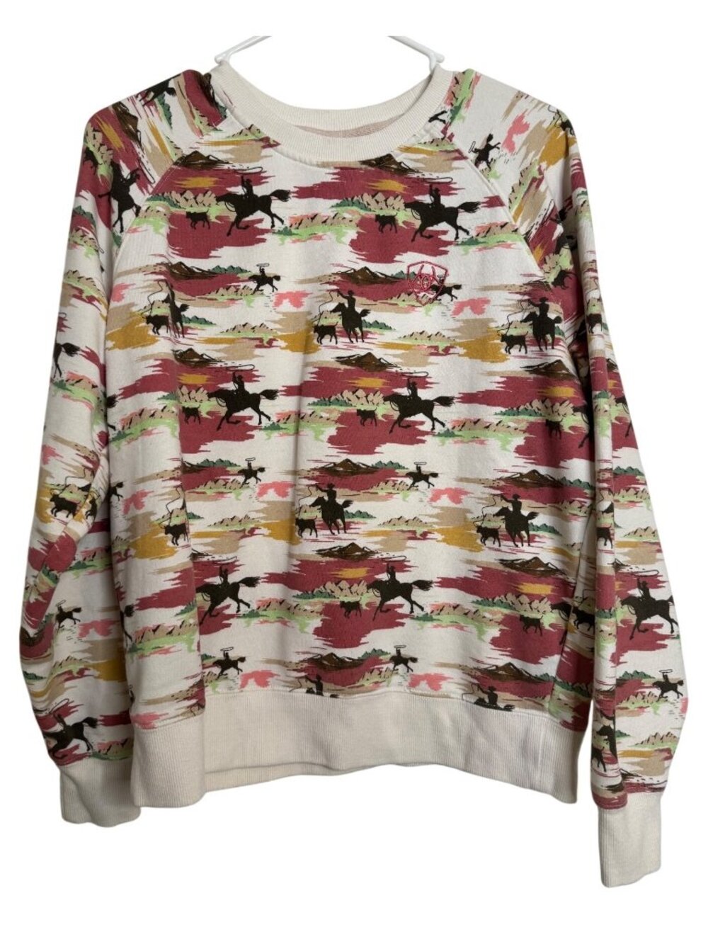 Ariat LOGO Hawaiian Western Sweatshirt Size Large Oatmeal Pullover EUC